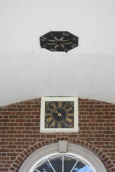 Jefferson designed the wind compass on the ceiling of the Monticello portico; it is attached to the weather vane directly above it on the roof. The portico clockface reflects the time on the Great Clock in the entrance hall interior of the house. The Great Clock with its two faces was considered to be sophisticated technology for its time. Unlike the Great Clock of the interior, the portico clockface does not have a minute hand. When Jefferson was living on the plantation, a bell rang on the hour and could be heard for approximately five miles. Jefferson wanted everyone on the plantation to be on the same time schedule.
