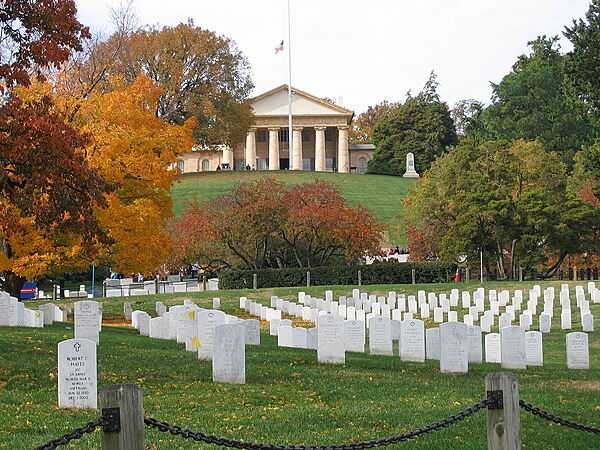 A view of Arlington House and some of the grave markers at Arlington National Cemetery.