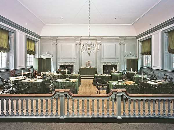 The Assembly Room of the Pennsylvania State House served as the meeting place of the Pennsylvania Assembly for over sixty years until the state capital moved away from Philadelphia in 1799. In 1776, the Continental Congress declared Independence in this room and in 1787 the US Constitution was debated and signed here. Most historians consider this room one of the most historic rooms in the US. Photo courtesy of the US National Park Service.