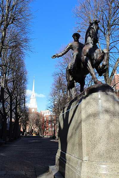 The statue of Paul Revere in front of the Old North Church in Boston. Image courtesy of the US National Park Service.