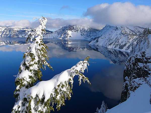 A winter view of Crater Lake, Oregon, taken near the top of Watchman Peak. Photo courtesy of the US National Park Service.