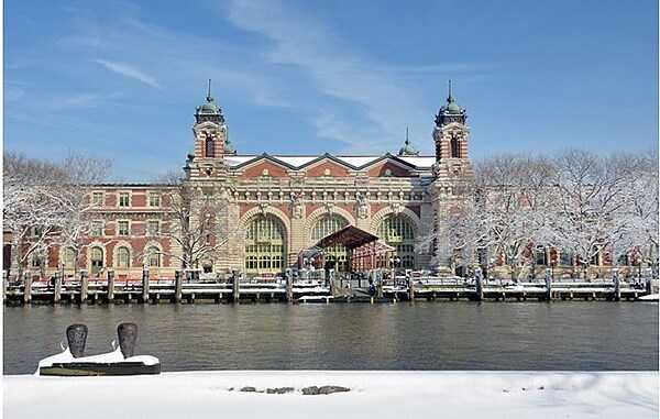 The entrance to the main building on Ellis Island National Immigration Museum in the winter. Image courtesy of the US National Park Service.