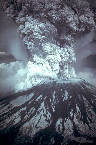 On 18 May 18 1980, at 8:32 a.m. Pacific Daylight Time, a magnitude 5.1 earthquake shook Mount St. Helens in Washington state. The bulge and surrounding area slid away in a gigantic rockslide and debris avalanche, releasing pressure, and triggering a major pumice and ash eruption of the volcano. Four hundred meters (1,300 ft) of the peak collapsed or blew outwards. As a result, 62 sq km (24 sq mi) of valley was filled by a debris avalanche, 650 sq km (250 sq mi) of recreation, timber, and private lands were damaged by a lateral blast, and an estimated 150 million cu m (200 million cu yd) of material was deposited directly by lahars (volcanic mudflows) into the river channels. Sixty-one people were killed or are still missing. Photo courtesy of USGS/Austin Post.
