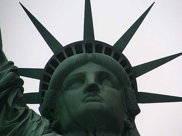 The Statue of Liberty's face and diadem (crown), whose seven rays symbolize the seven seas and continents of the world. Photo courtesy of the National Park Service.