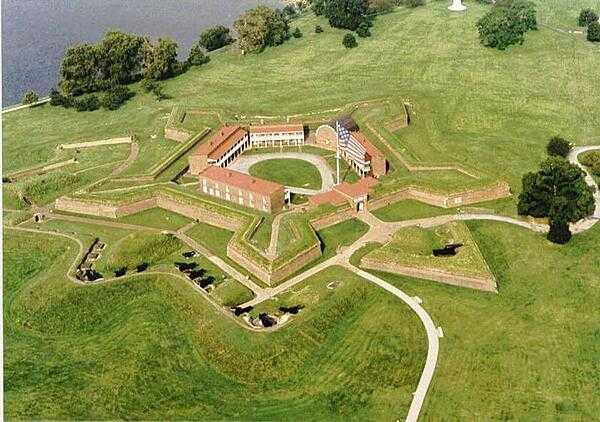 A closer aerial view of pentagonal Fort McHenry near the harbor in Baltimore, Maryland. Photo courtesy of the National Park Service.