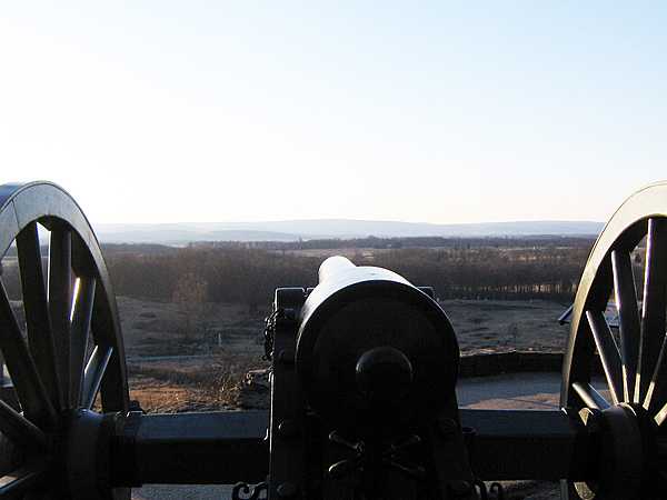 View from a cannon overlooking Gettysburg Battlefield at Gettysburg National Military Park, Pennsylvania.