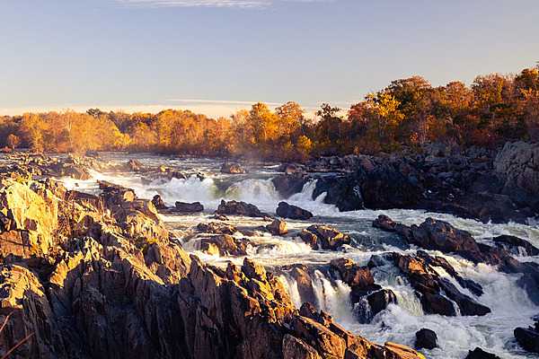 Great Falls are a series of rapids and waterfalls on the Potomac River between Virginia and Maryland some 23 km (14 mi) upstream from Washington, DC. Photo courtesy of the National Park Service.