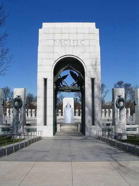 A look through the Pacific Arch at the south end of the National World War II Memorial in Washington, DC.
