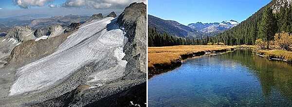 The Lyell Glacier on the left is located beneath 13,114 foot Mount Lyell, the highest peak in Yosemite National Park, California. The Lyell and Maclure glaciers sit at the headwaters of the Tuolumne River (right) and are an important source of water for alpine ecosystems (and hikers). Images courtesy of the US National Park Service.