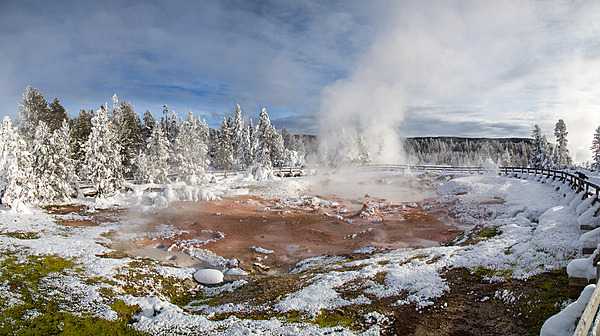 Snow dusts the area around Fountain Paint Pot in Yellowstone National Park. Image courtesy of the US National Park Service/Neal Herbert.