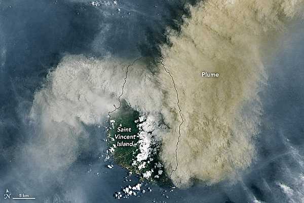 At 8:41 a.m. local time on 9 April 2021, La Soufrière volcano, a 1,234 m peak on the island of Saint Vincent, erupted explosively. Some two hours later at about 10:30 a.m., Landsat 8 acquired this image of volcanic ash billowing from the mountain; the plume obscures the volcano on the northern side of the island. The eruption - the volcano’s first explosive event since 1979 - prompted thousands of people to evacuate. The eruptions propelled ash and gas high into the atmosphere not only over Saint Vincent, but also over Barbados, 190 km (120 mi) away. Photo courtesy of NASA.