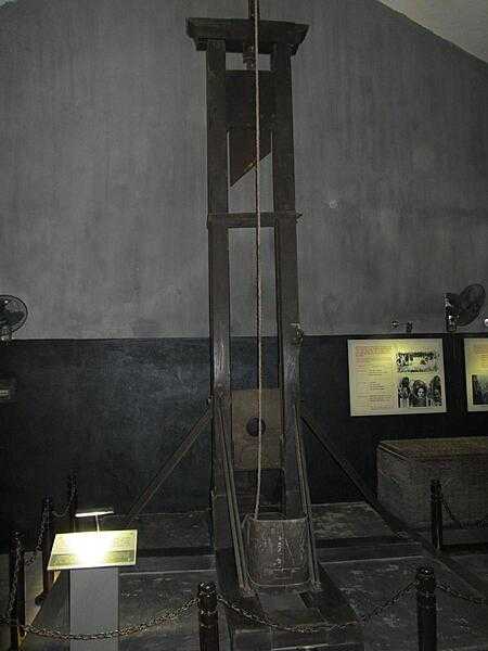Guillotine used to execute prisoners in the Maison Centrale or Central Prison in Hanoi. Built by the French beginning in 1886, it was used to imprison Vietnamese political prisoners and later by the Vietnamese to hold mostly US pilots during the Vietnamese War. It was referred to sarcastically as the &quot;Hanoi Hilton&quot; by US POWs and later in the US press. The prison was torn down in the mid-1990s and only the Gate House remains.