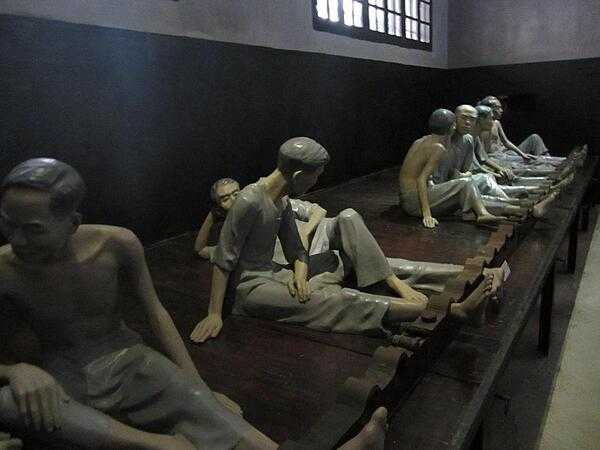 Exhibit showing how political prisoners were punished in the Maison Centrale or Central Prison in Hanoi. Built by the French beginning in 1886, it was used to imprison Vietnamese political prisoners and later by the Vietnamese to hold mostly US pilots during the Vietnamese War. It was referred to sarcastically as the &quot;Hanoi Hilton&quot; by US POWs and later in the US press. The prison was torn down in the mid-1990s and only the Gate House remains.