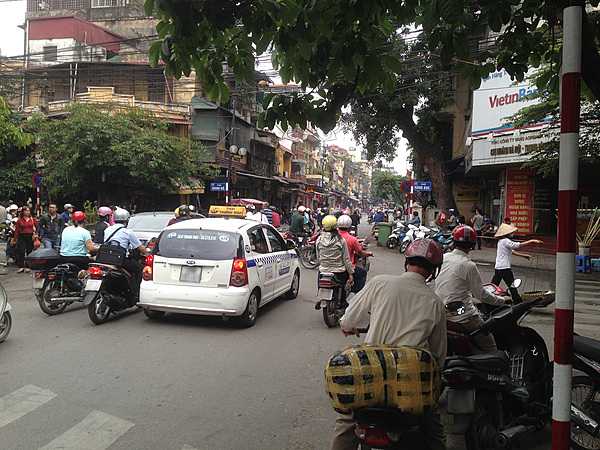 Street-level view of traffic in Hanoi.