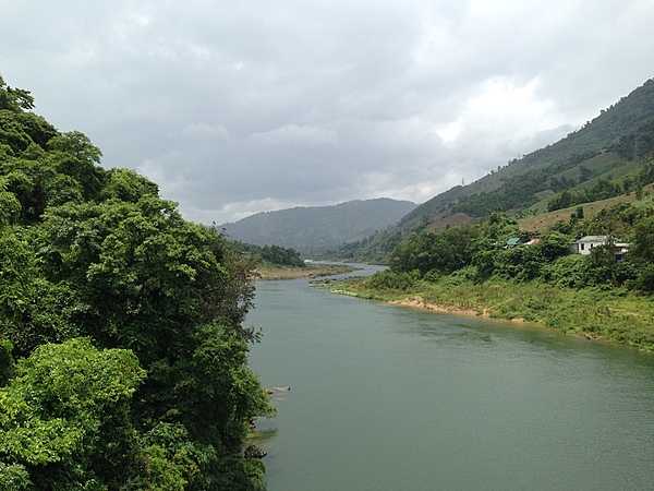 View of the Thach Han River as it winds through the hilly countryside.