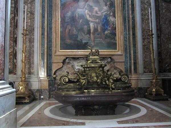 Baptismal font in St. Peter&apos;s Basilica in Rome.