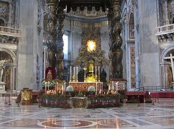 The main altar in Saint Peter&apos;s Basilica in Rome is covered by a 30 m- (98 ft-) tall bronze baldacchino (canopy) designed by Gian Lorenzo Bernini and erected between 1623 and 1634.