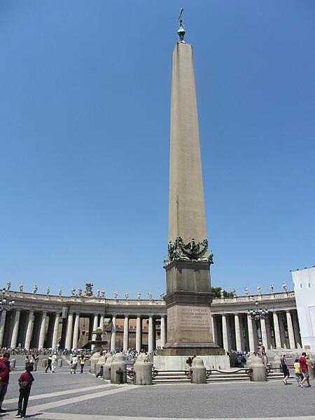 An Egyptian obelisk in Saint Peter&apos;s Square in Rome. Composed of red granite, the obelisk is 25.5 m tall (41 m to top of cross).  It was transferred to Rome by the Emperor Caligula in A.D. 37, and moved to its current location at the direction of Pope Sixtus V in 1586. It is the only Egyptian obelisk in Rome never to have fallen.