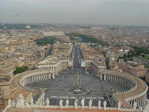View of St. Peter&apos;s Square in the Vatican as seen from the top of St. Peter&apos;s Basilica.