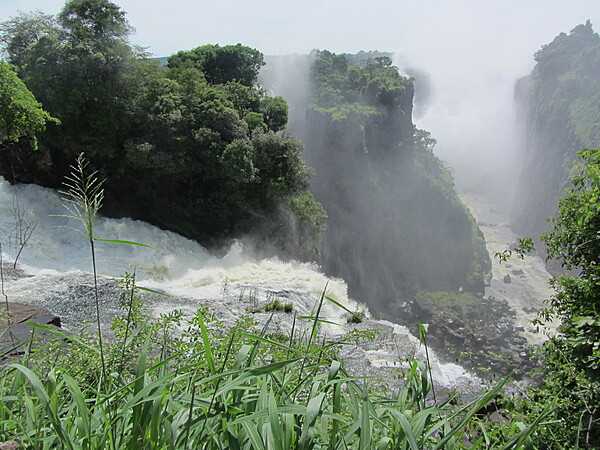 At the crest of Victoria Falls looking down to the narrow gorge of the Zambezi River.