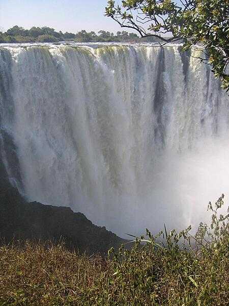 Closeup of Victoria Falls on the Zambezi River. The falls are 1.7 km (1.1 mi) wide and 108 m (360 ft) high.